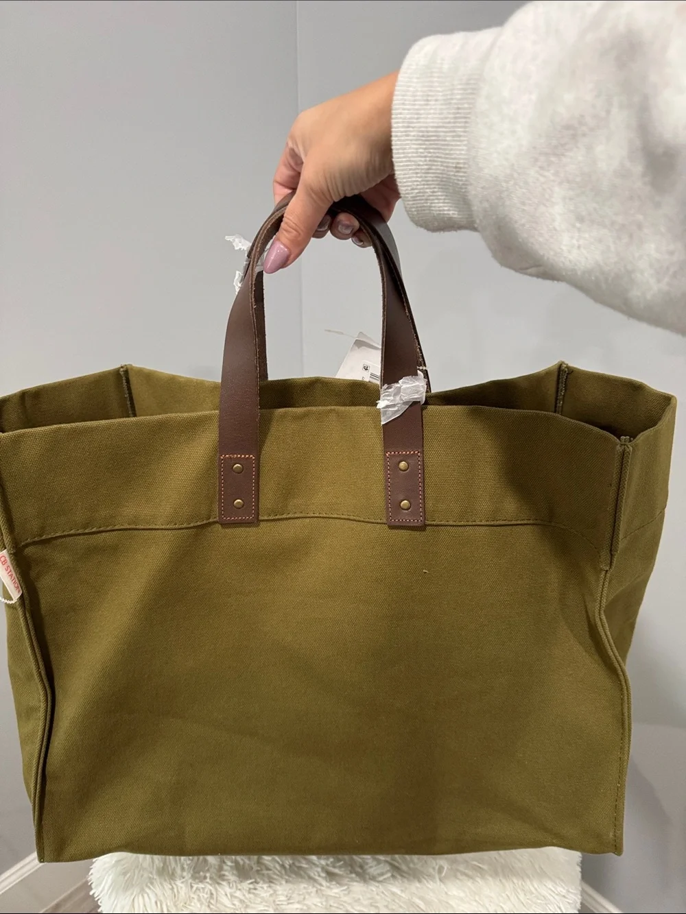 Olive Canvas Tote Bag with Brown Leather Handles